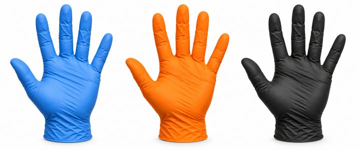 Three hands wearing blue, orange, and black disposable gloves, shown as illustrative color examples