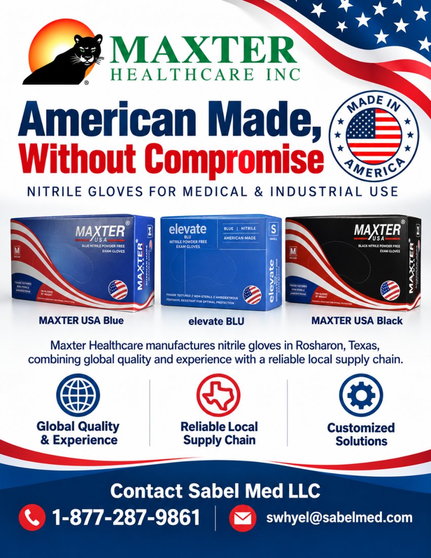 Maxter Healthcare and Sabel Med American-made glove flyer featuring Maxter Blue, Elevate BLU, and Maxter Black